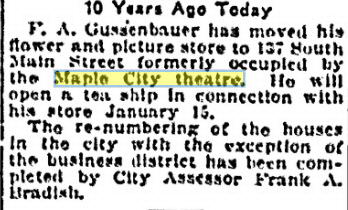 Maple City Theatre - JAN 4 1927 REFERENCING 10 YEARS PRIOR